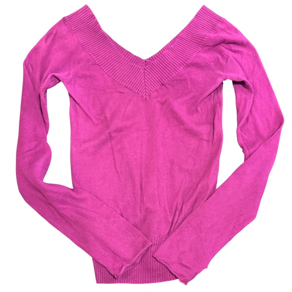 Vintage Magenta Pink V-Neck Ribbed Knit Sweater Y2K Women Size S